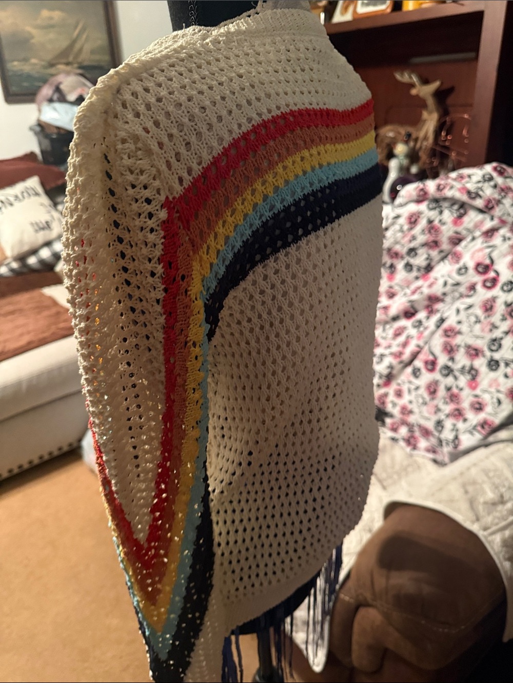 Cream Open-Knit Sweater with Rainbow Stripe Detail - Picture 2 of 6